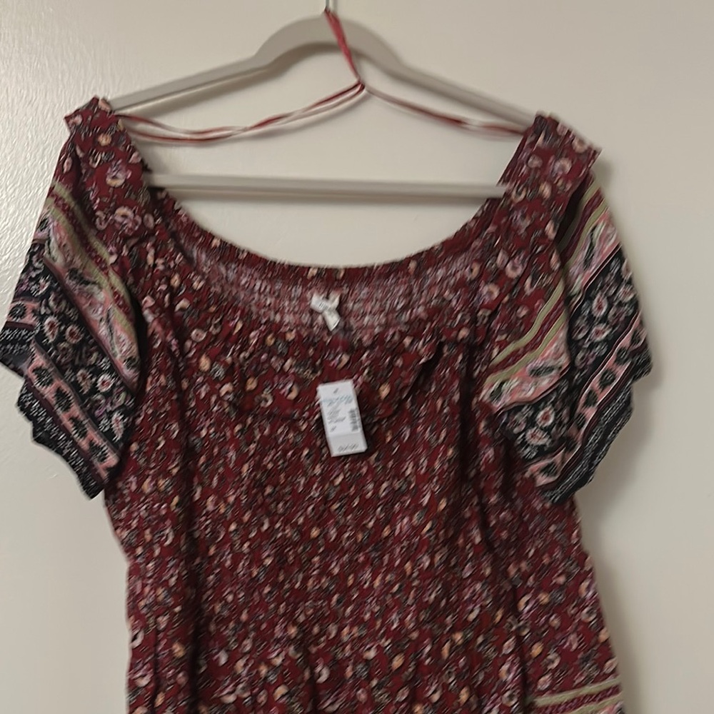 Maurices Red Short Sleeve Smocked Ruffled Blouse